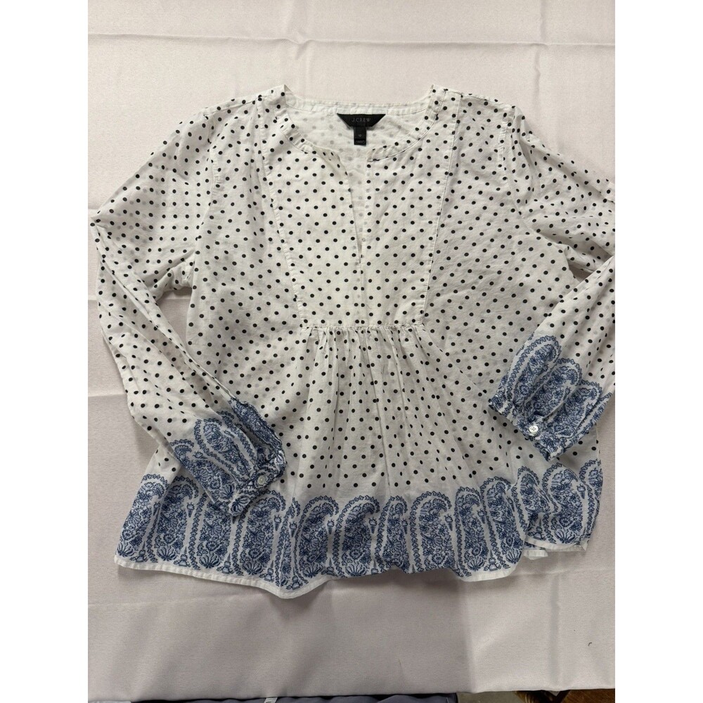 J Crew Polka Dot Paisley Popover Blouse V Neck long sleeve blue and white sz 12
